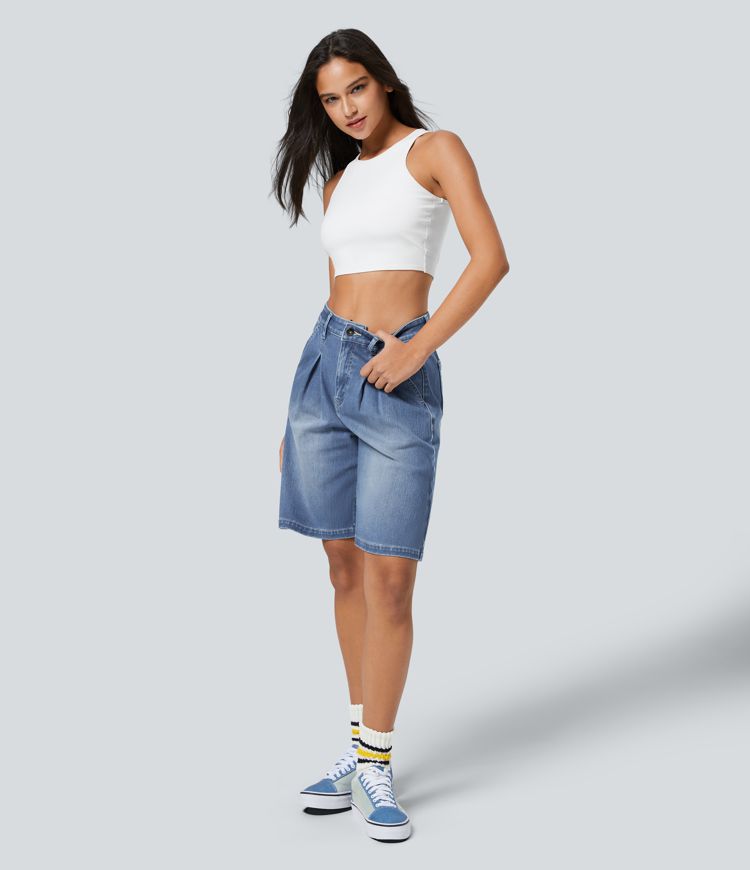 short décontracté en denim délavé halara flex taille haute avec poches zippées