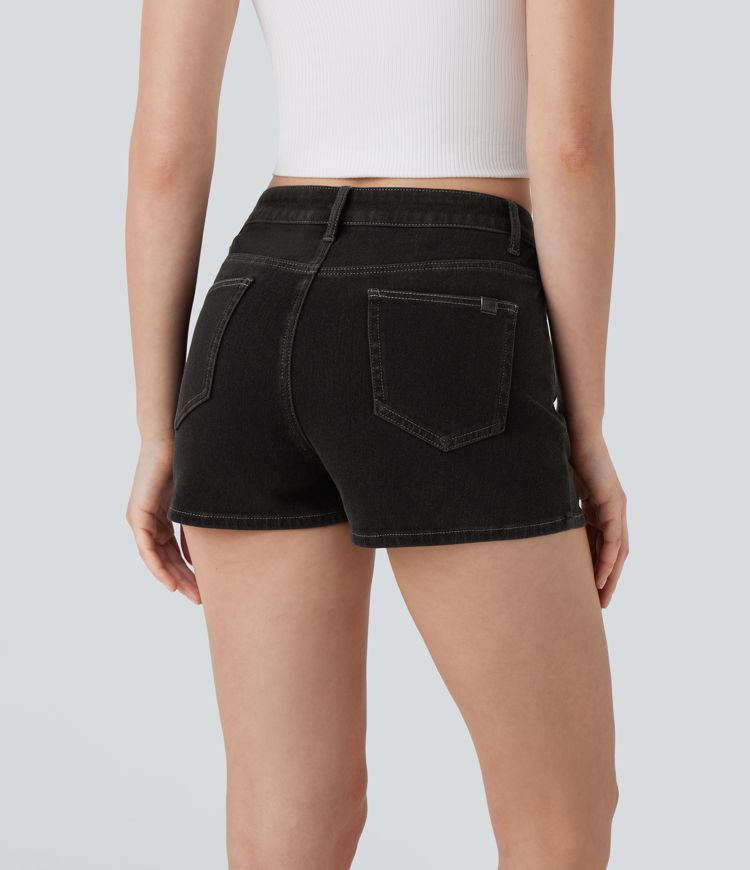 short décontracté en denim délavé halara flex à taille mi-haute et poches