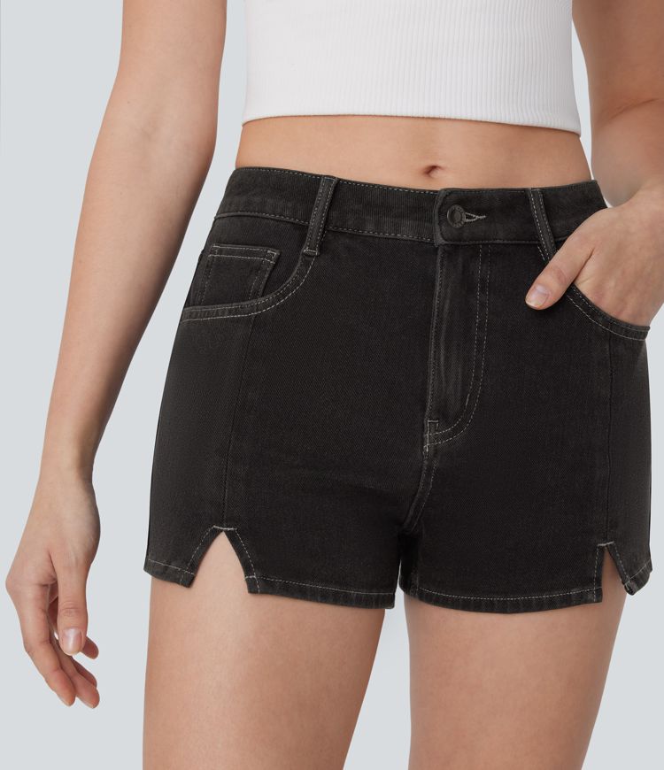 short décontracté en denim délavé halara flex à taille mi-haute et poches