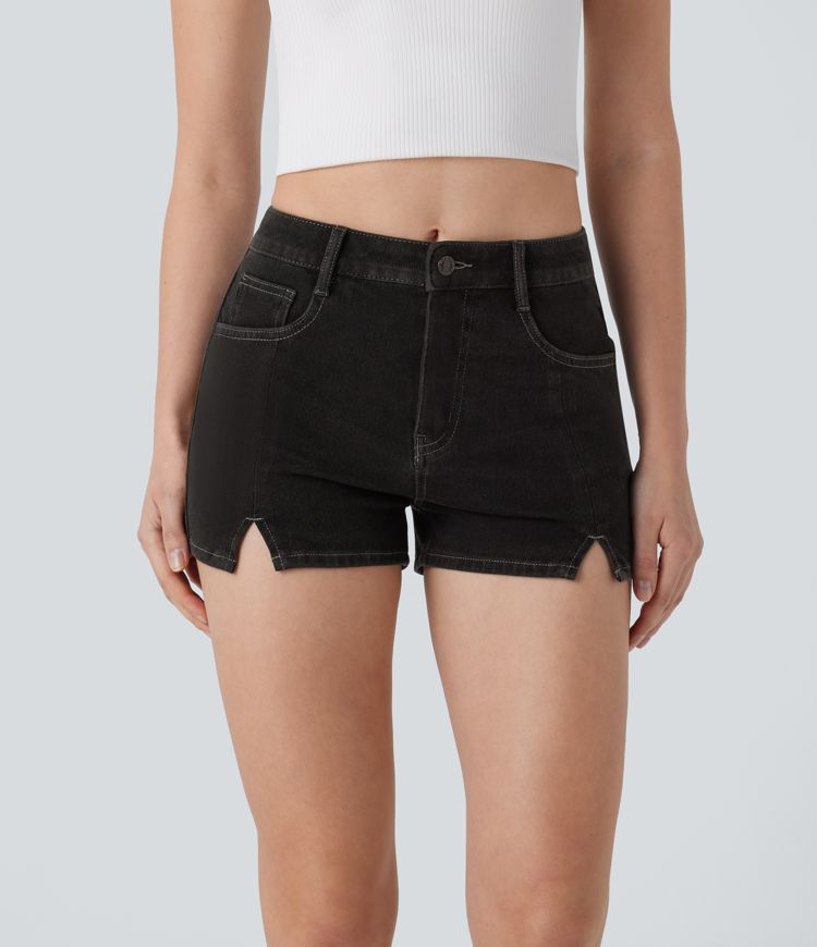 short décontracté en denim délavé halara flex à taille mi-haute et poches