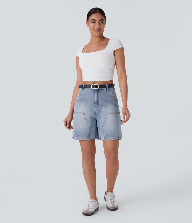 halara flex short bermuda décontracté en denim délavé à taille mi-haute et poches