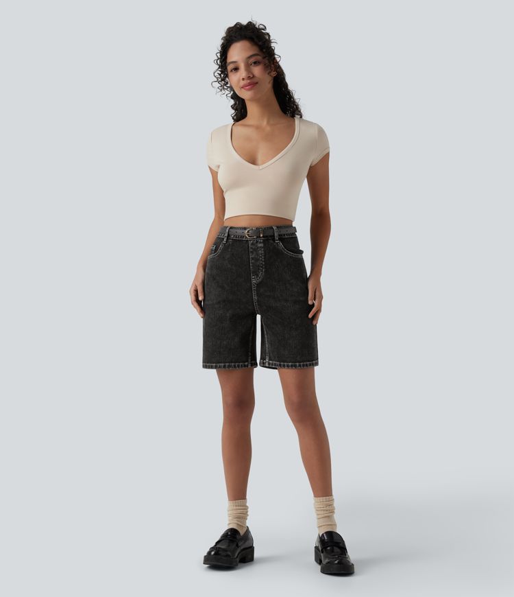 short en jean taille haute décontracté halara flex 7 avec poches