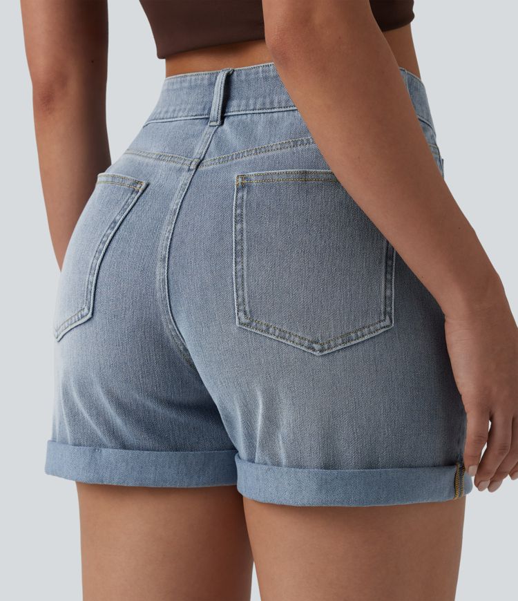 short décontracté en denim délavé taille haute asymétrique ourlet roulé et poches halara flex