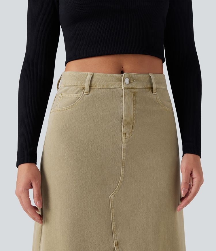 jupe midi fendue à taille mi-haute halara flex en denim coloré décontracté avec poches