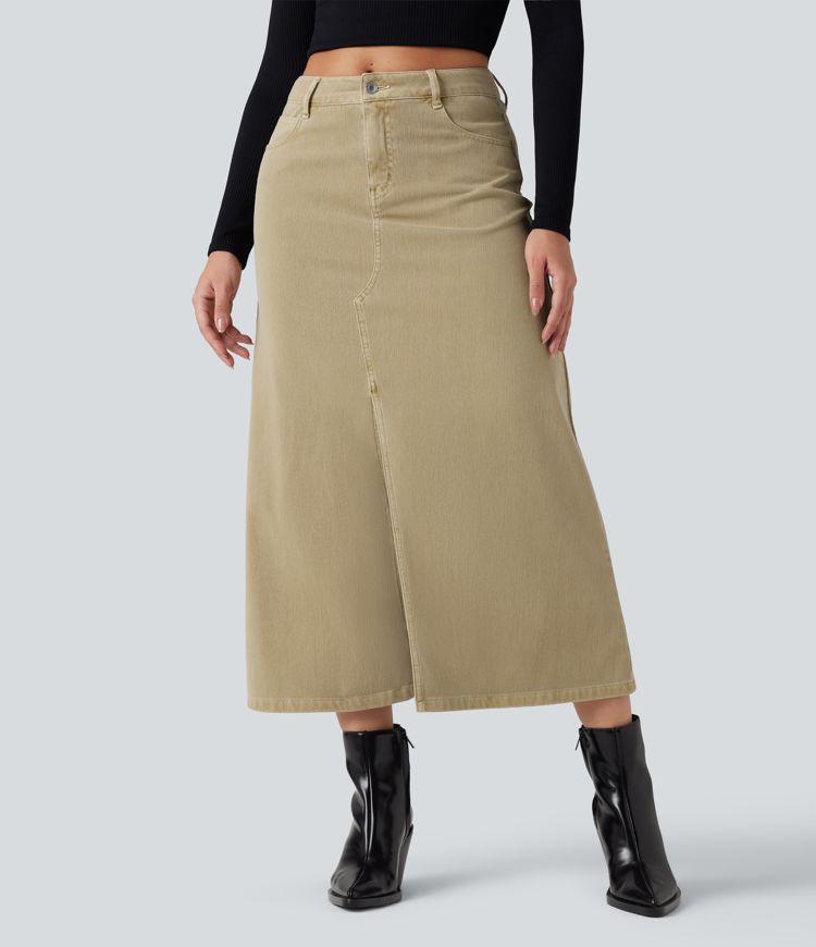 jupe midi fendue à taille mi-haute halara flex en denim coloré décontracté avec poches