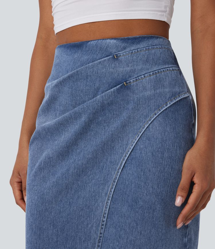 jupe midi décontractée en denim délavé halara flex taille haute fermeture éclair au dos et ourlet tulipe froncé