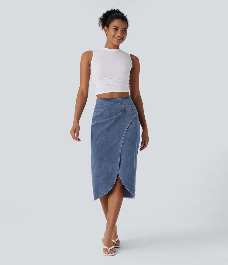 jupe midi décontractée en denim délavé halara flex taille haute fermeture éclair au dos et ourlet tulipe froncé