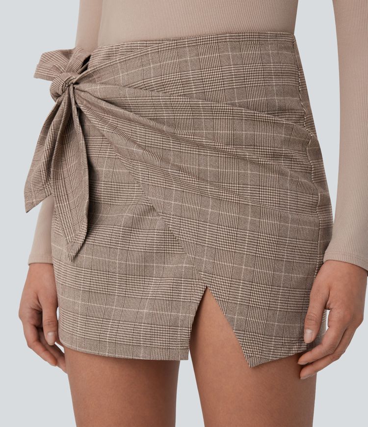 jupe de travail mini 2 en 1 à motif pied-de-poule taille haute et à nouer sur le côté