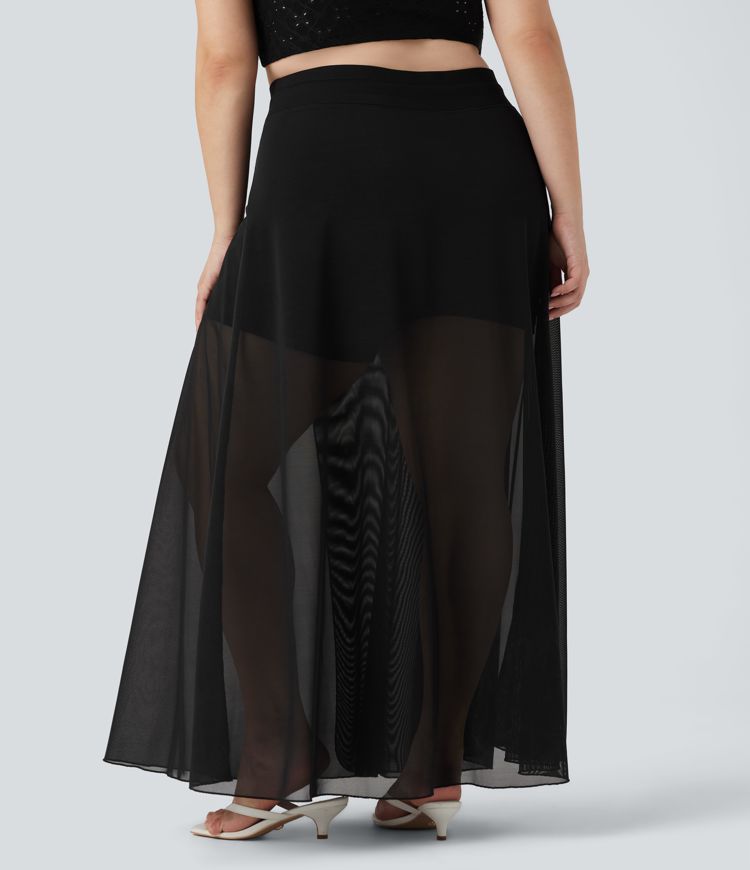 jupe longue fluide 2 en 1 grande taille à taille haute avec cordon de serrage empiècement en maille contrastée et poches