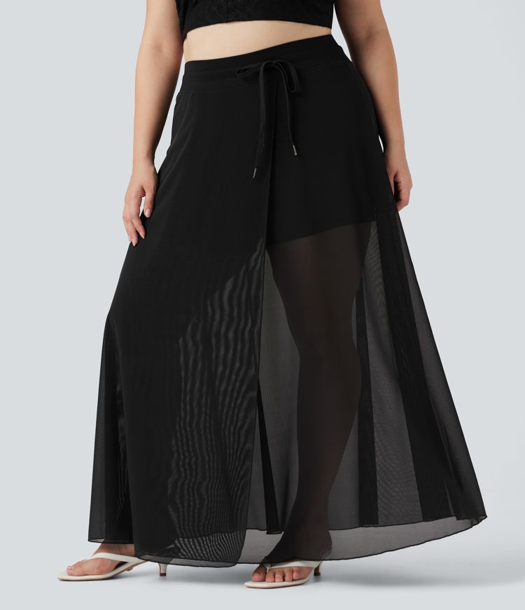 jupe longue fluide 2 en 1 grande taille à taille haute avec cordon de serrage empiècement en maille contrastée et poches