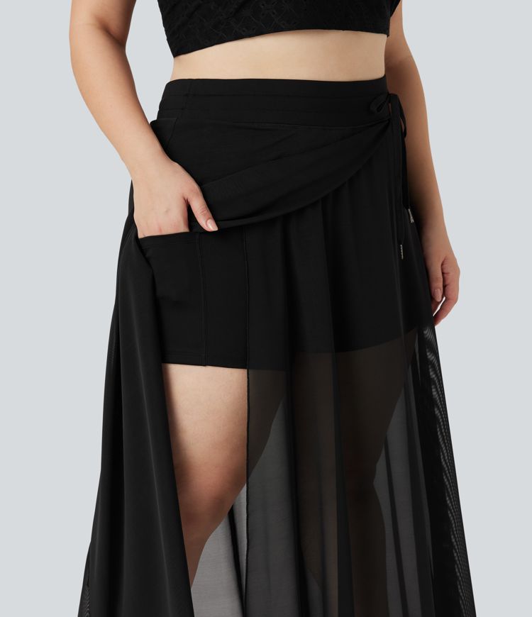jupe longue fluide 2 en 1 grande taille à taille haute avec cordon de serrage empiècement en maille contrastée et poches