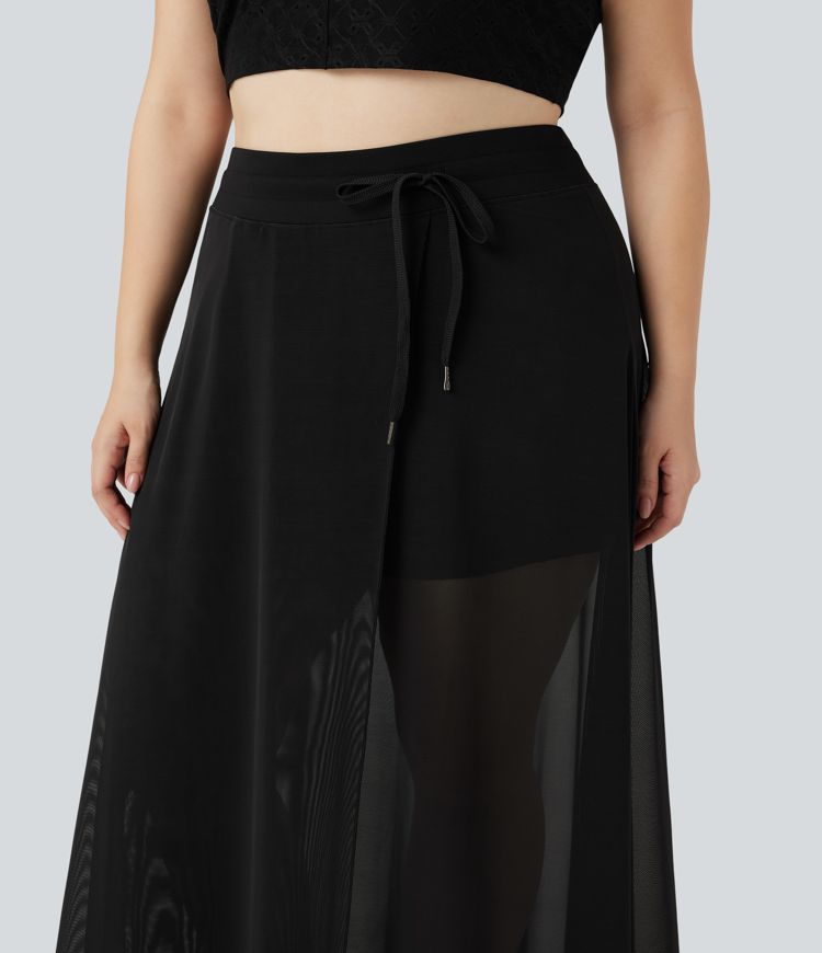 jupe longue fluide 2 en 1 grande taille à taille haute avec cordon de serrage empiècement en maille contrastée et poches