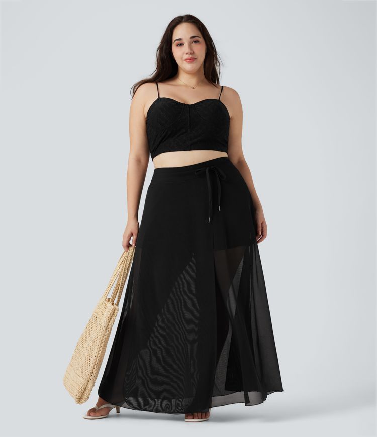 jupe longue fluide 2 en 1 grande taille à taille haute avec cordon de serrage empiècement en maille contrastée et poches