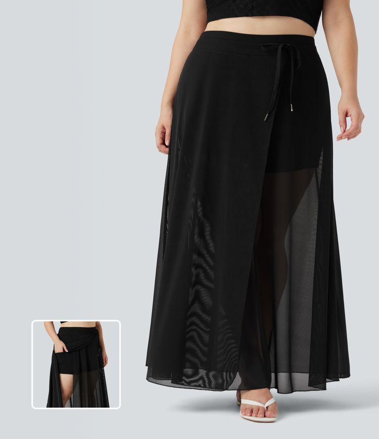 jupe longue fluide 2 en 1 grande taille à taille haute avec cordon de serrage empiècement en maille contrastée et poches