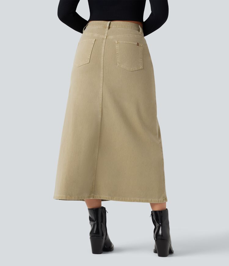 jupe midi fendue à taille mi-haute halara flex en denim coloré décontracté avec poches
