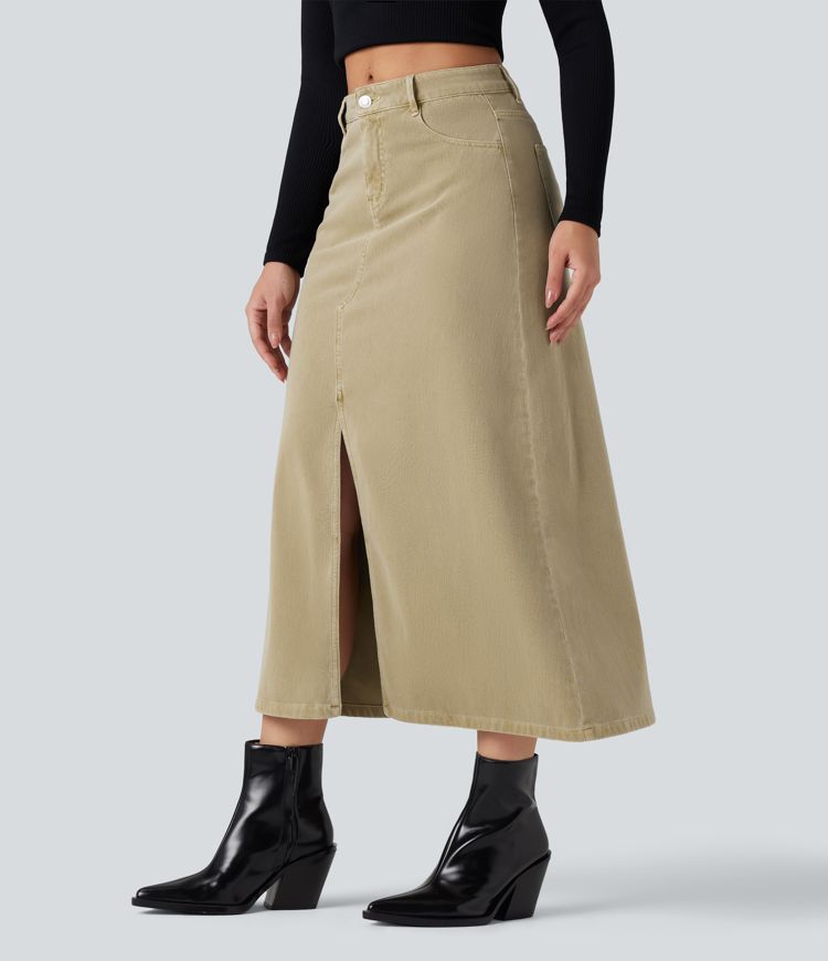 jupe midi fendue à taille mi-haute halara flex en denim coloré décontracté avec poches