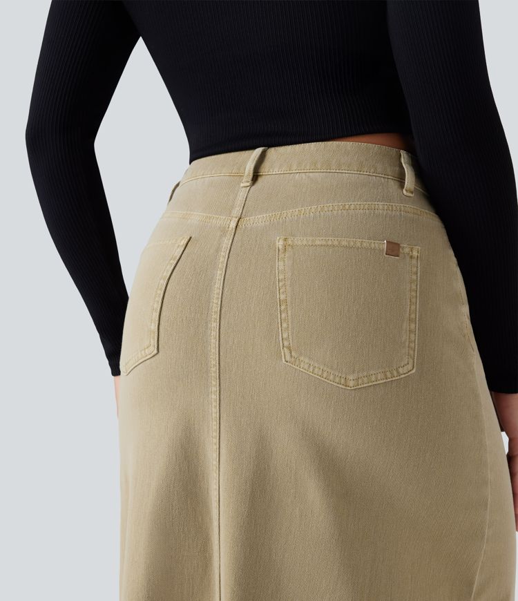 jupe midi fendue à taille mi-haute halara flex en denim coloré décontracté avec poches