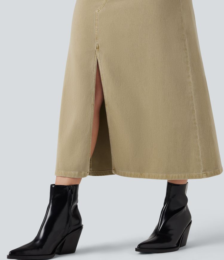 jupe midi fendue à taille mi-haute halara flex en denim coloré décontracté avec poches