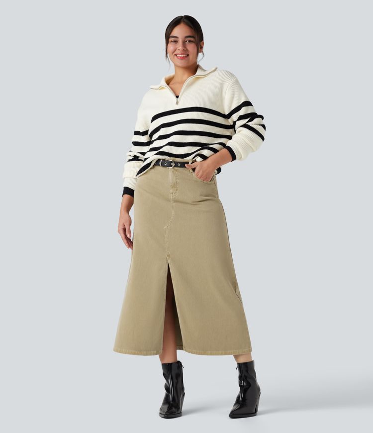 jupe midi fendue à taille mi-haute halara flex en denim coloré décontracté avec poches