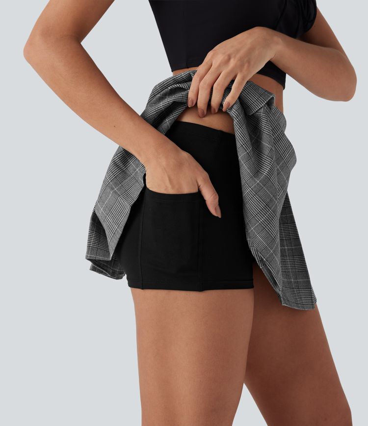 jupe courte décontractée plissée à taille mi-haute deux pièces motif pied-de-poule avec poches