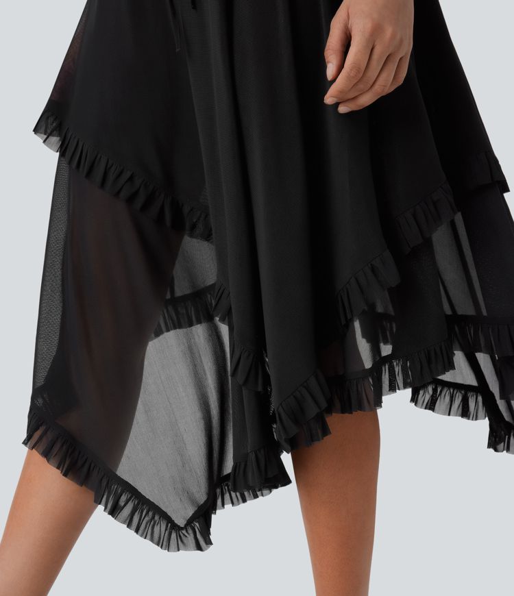 jupe fluide 2 en 1 en maille taille mi-haute cordon de serrage ourlet asymétrique à volants