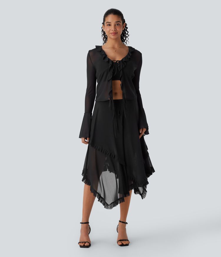 jupe fluide 2 en 1 en maille taille mi-haute cordon de serrage ourlet asymétrique à volants