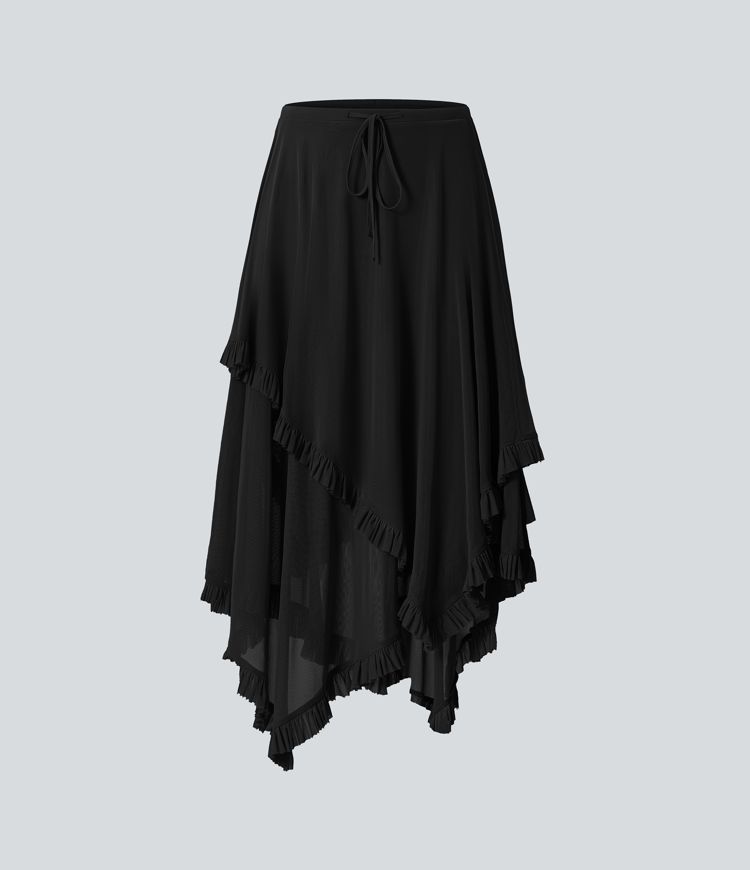 jupe fluide 2 en 1 en maille taille mi-haute cordon de serrage ourlet asymétrique à volants