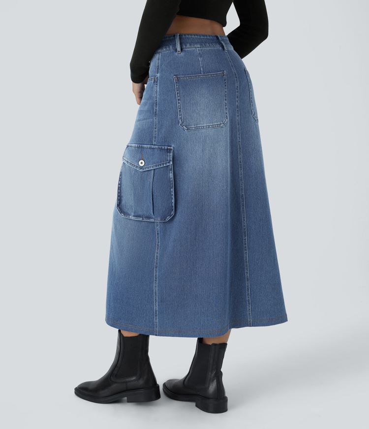 jupe cargo maxi décontractée en denim halara flex taille mi-haute avec poches zippées et coupe trapèze