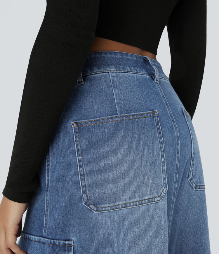 jupe cargo maxi décontractée en denim halara flex taille mi-haute avec poches zippées et coupe trapèze