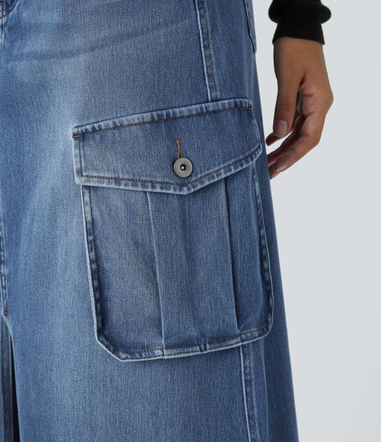 jupe cargo maxi décontractée en denim halara flex taille mi-haute avec poches zippées et coupe trapèze