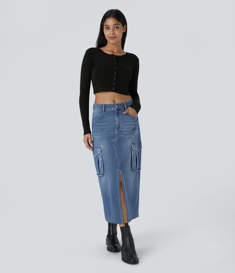 jupe cargo maxi décontractée en denim halara flex taille mi-haute avec poches zippées et coupe trapèze