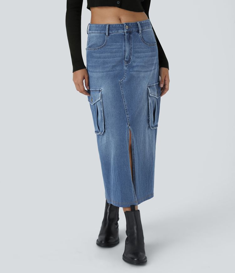 jupe cargo maxi décontractée en denim halara flex taille mi-haute avec poches zippées et coupe trapèze