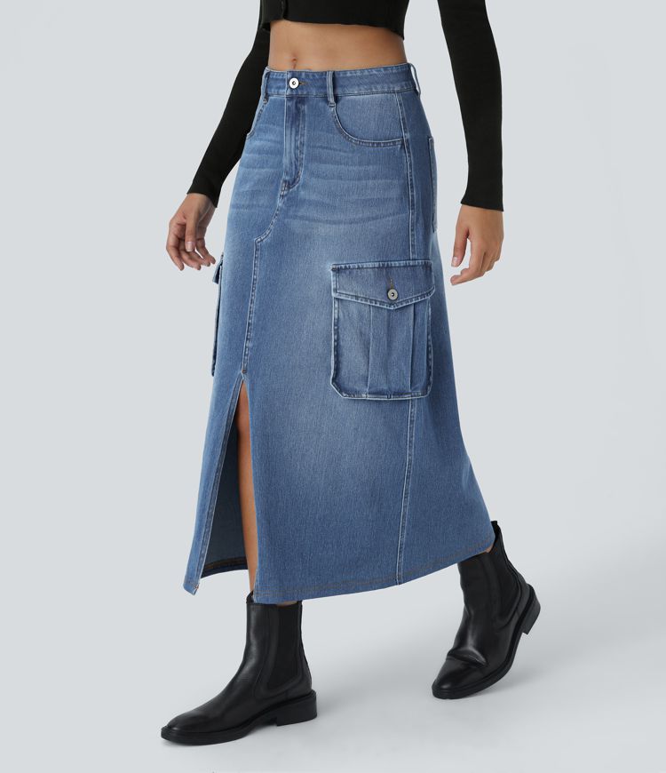 jupe cargo maxi décontractée en denim halara flex taille mi-haute avec poches zippées et coupe trapèze