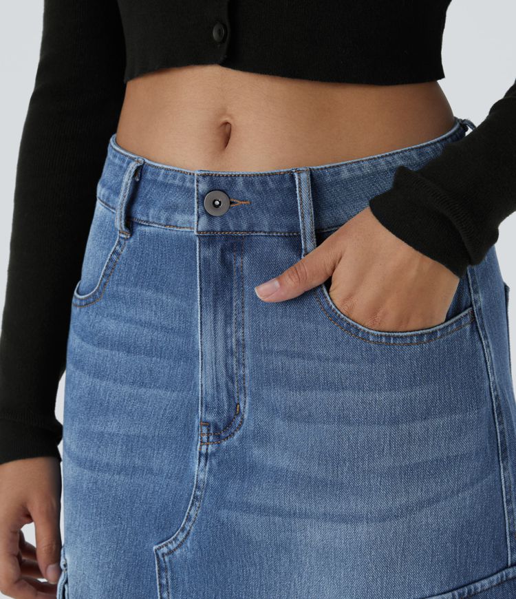 jupe cargo maxi décontractée en denim halara flex taille mi-haute avec poches zippées et coupe trapèze