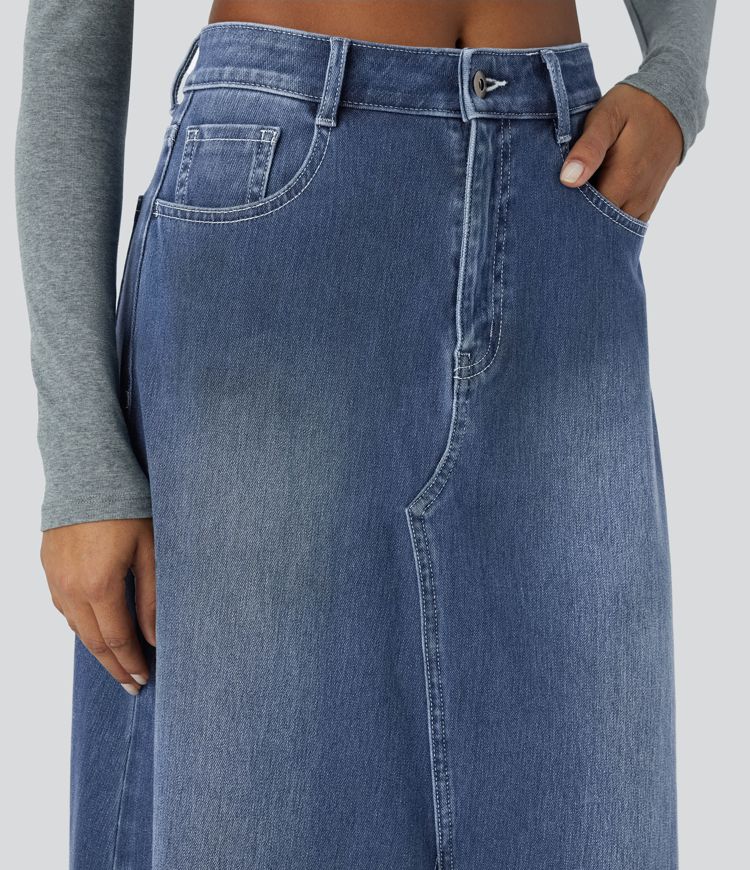 jupe longue décontractée en denim halara flex taille mi-haute avec poches zippées et coupe trapèze