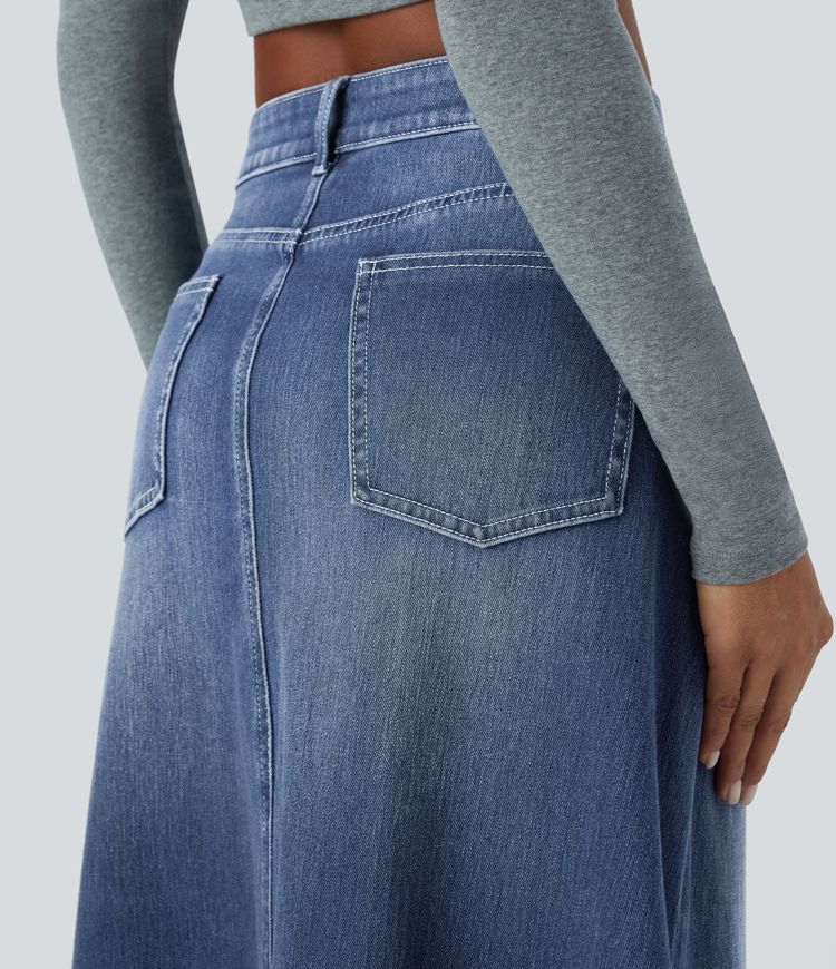jupe longue décontractée en denim halara flex taille mi-haute avec poches zippées et coupe trapèze