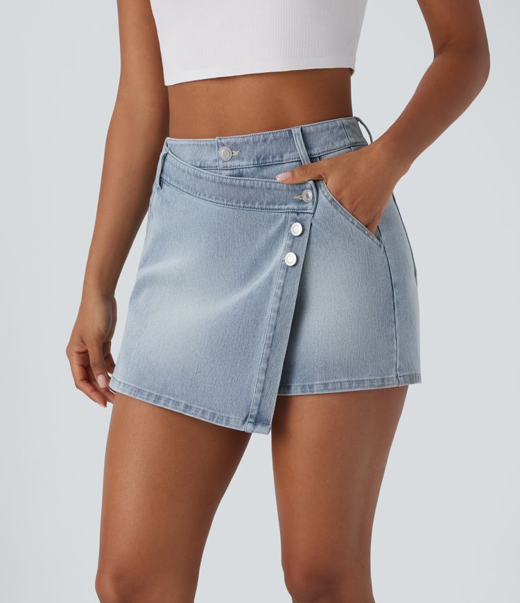 jupe-short décontractée en denim délavé à taille haute et poches halara flex