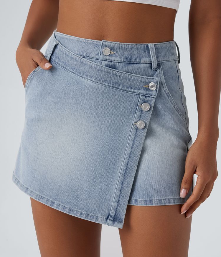 jupe-short décontractée en denim délavé à taille haute et poches halara flex
