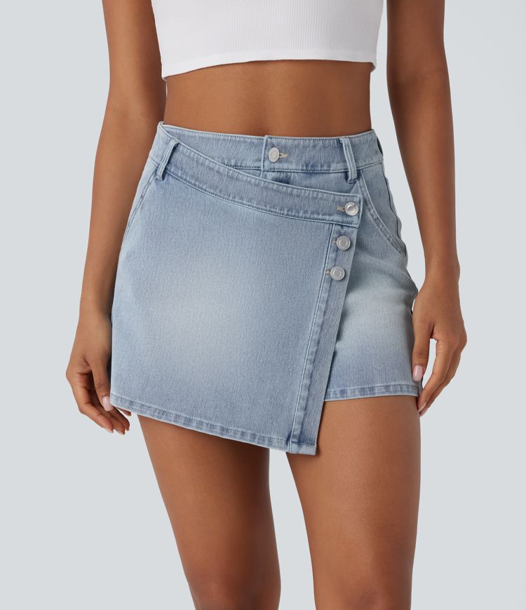 jupe-short décontractée en denim délavé à taille haute et poches halara flex