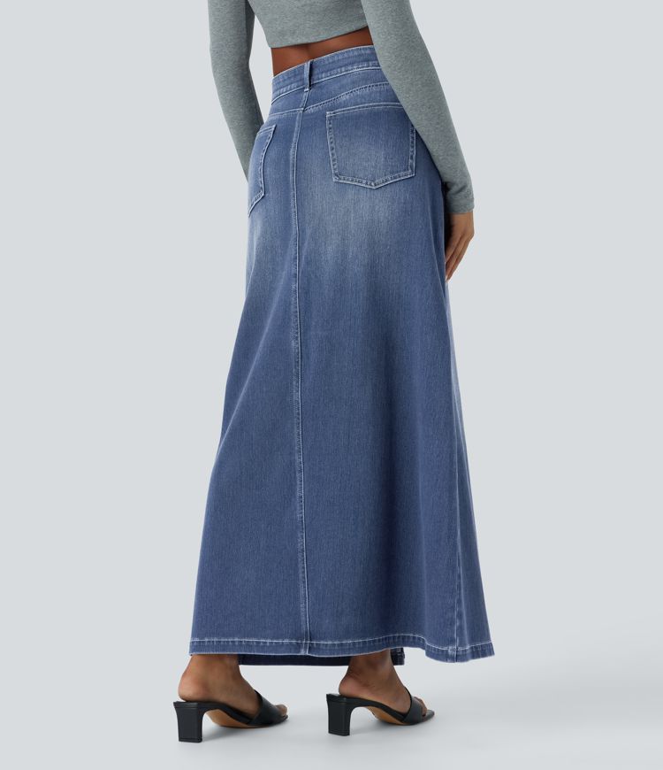 jupe longue décontractée en denim halara flex taille mi-haute avec poches zippées et coupe trapèze