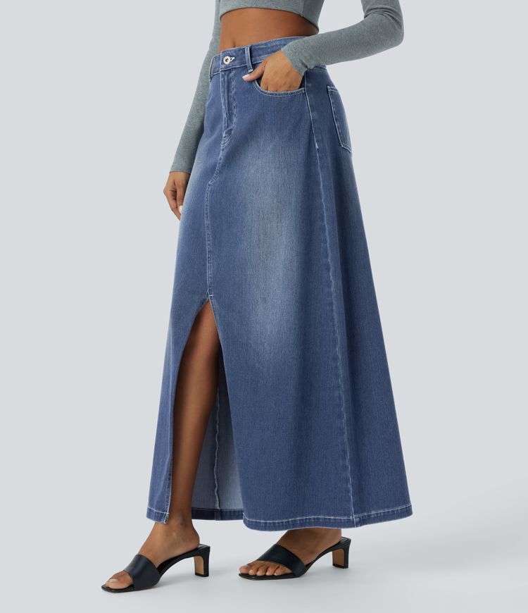jupe longue décontractée en denim halara flex taille mi-haute avec poches zippées et coupe trapèze