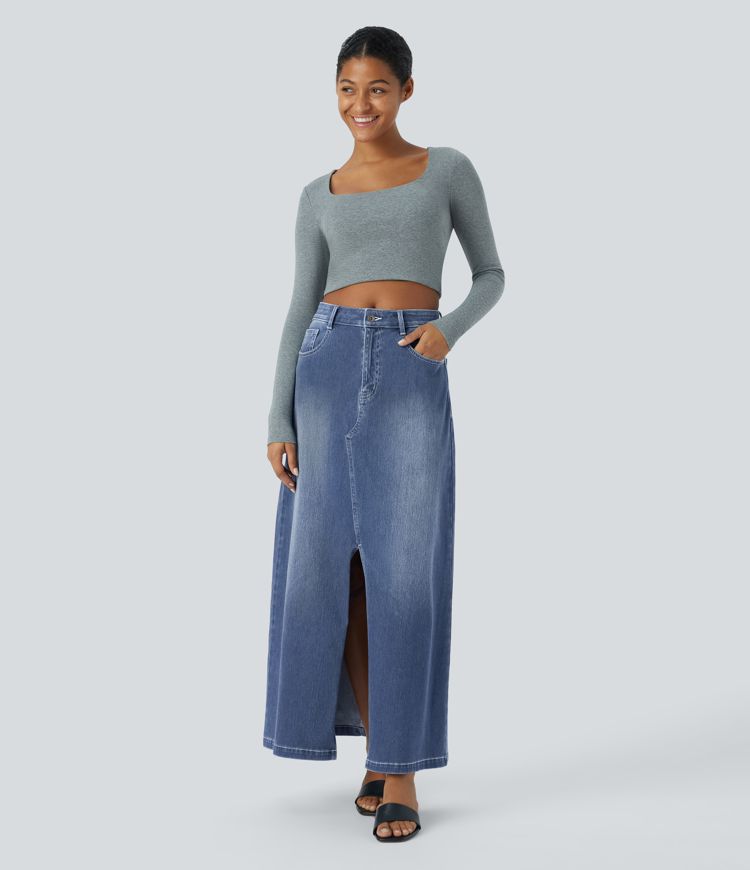 jupe longue décontractée en denim halara flex taille mi-haute avec poches zippées et coupe trapèze