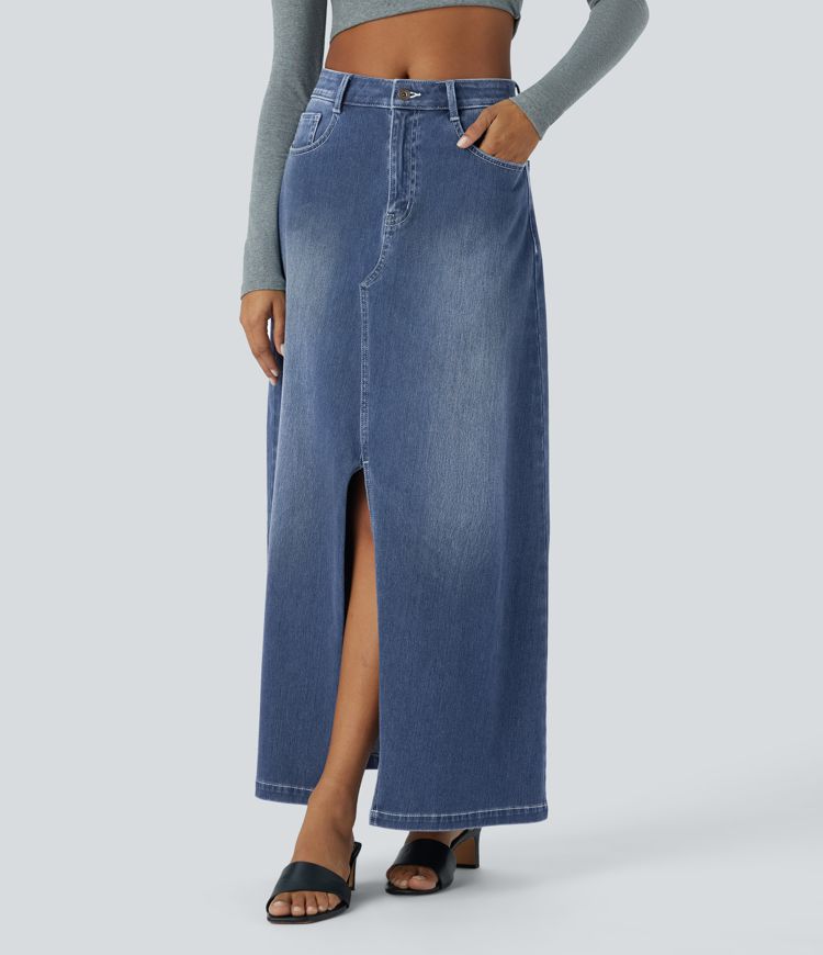 jupe longue décontractée en denim halara flex taille mi-haute avec poches zippées et coupe trapèze