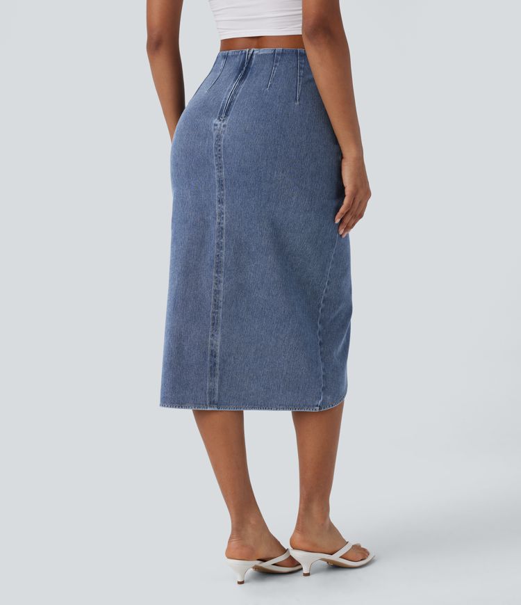 jupe midi décontractée en denim délavé halara flex taille haute fermeture éclair au dos et ourlet tulipe froncé