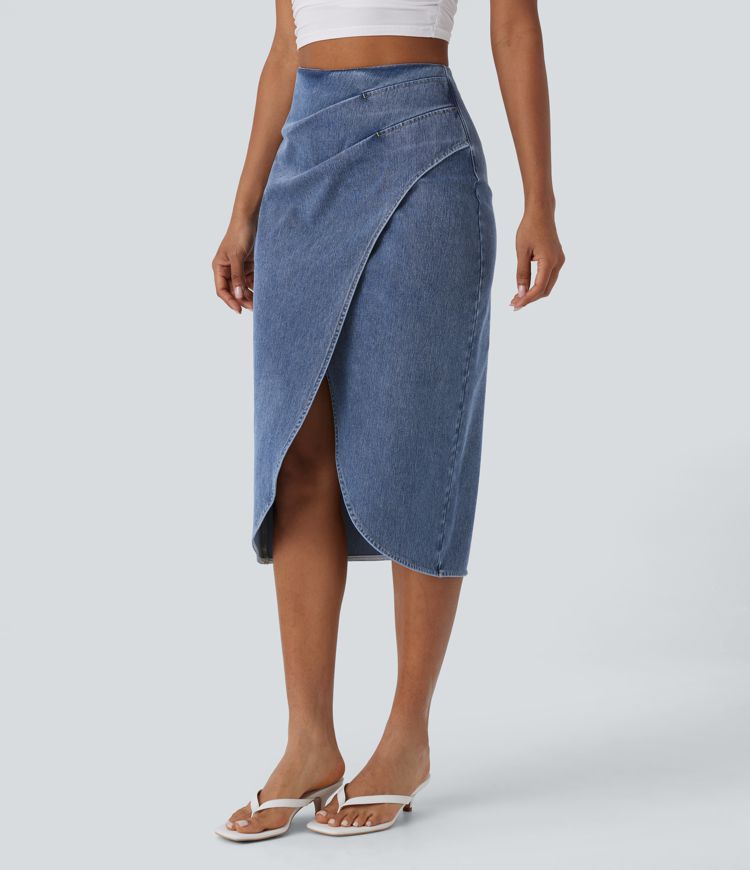jupe midi décontractée en denim délavé halara flex taille haute fermeture éclair au dos et ourlet tulipe froncé