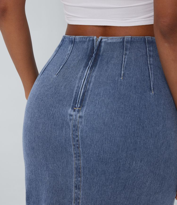 jupe midi décontractée en denim délavé halara flex taille haute fermeture éclair au dos et ourlet tulipe froncé
