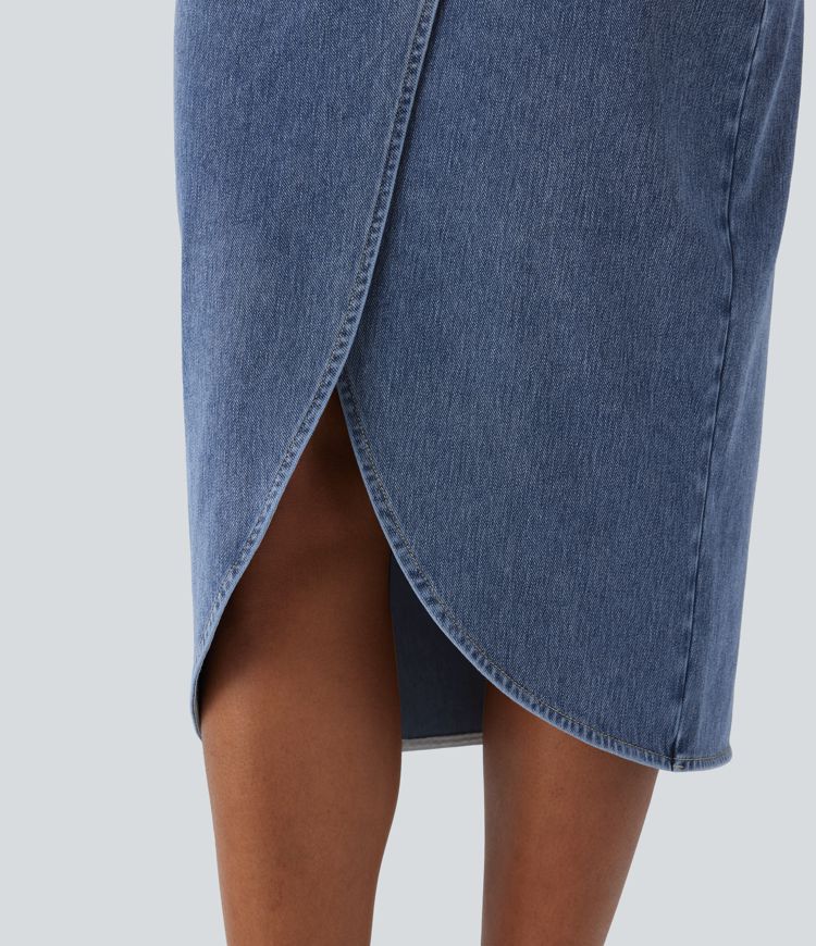jupe midi décontractée en denim délavé halara flex taille haute fermeture éclair au dos et ourlet tulipe froncé