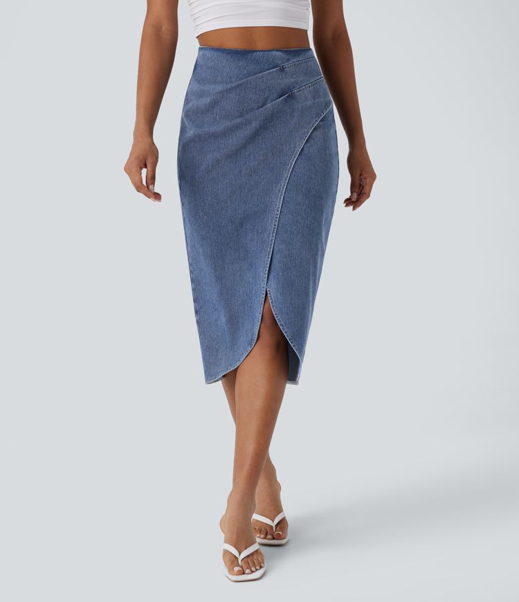 jupe midi décontractée en denim délavé halara flex taille haute fermeture éclair au dos et ourlet tulipe froncé