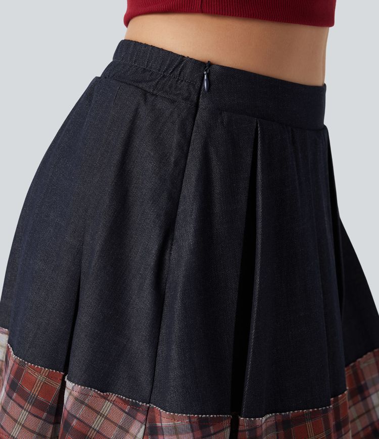 jupe courte décontractée à carreaux effet denim plissée taille mi-haute coupe trapèze avec poche