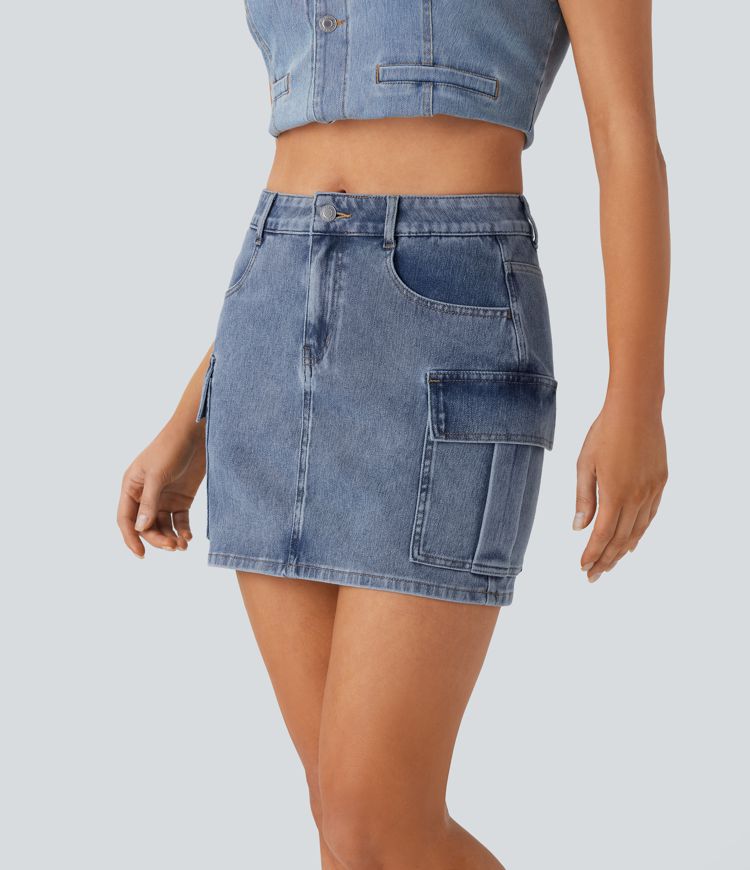 jupe cargo décontractée en jean halara flex taille mi-haute avec poches zippées